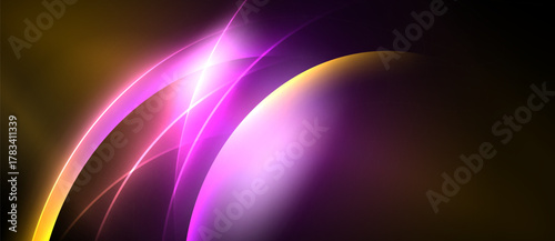 Abstract light streaks, vibrant colors blend. Golden hues transition into purple, creating dynamic energy. Minimalist design, modern aesthetic.