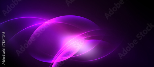 Abstract purple swirls, luminous curves, dark background. Bright center radiates energy, creating dynamic visual effect.