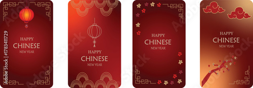 Elegant Chinese New Year Greeting Card with Red Lantern and Gold Geometric Border.  The minimalist layout and clean vector lines create a festive yet sophisticated look suitable for holiday wishes