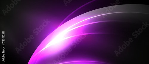 Abstract design features vibrant purple light streaks against dark background. Smooth curves create dynamic, glowing effect. Minimalist, modern aesthetic.
