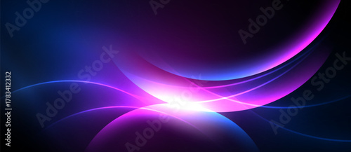 Abstract design features vibrant curves, luminous pink center, blue purple gradients. Smooth shapes create dynamic visual effect.