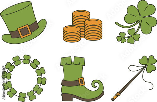 Collection of Irish St Patricks Day Symbols and Festive Elements Including Lucky Clover Hat Coins Boot and Wand for Celebration Design