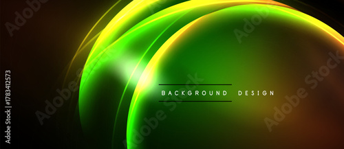 Abstract vibrant design features flowing neon curves. Green, yellow, orange hues blend against dark backdrop. Modern, dynamic visual.