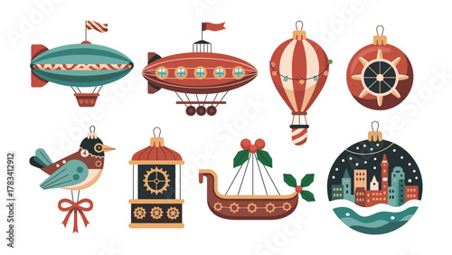 Festive Flight: a collection of vintage-inspired ornaments, each a unique representation of whimsical air travel and holiday cheer, ready to brighten the season.