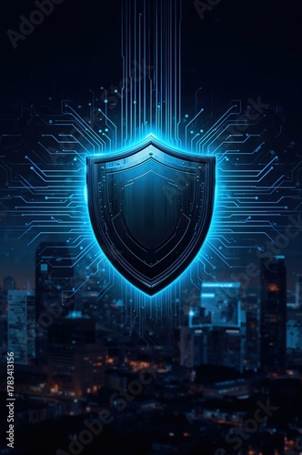 Cybersecurity shield protecting digital data flow in modern city at night, offering network security solutions and robust data protection services