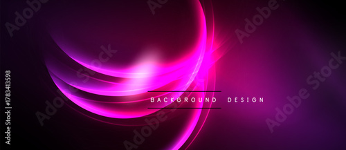 Abstract pink neon waves over black background. Bright curves create dynamic, modern visual effect. Simple text reads background design.