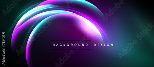 Abstract neon layers create luminous curves. Dark background emphasizes vibrant purple, blue hues. Modern design element.