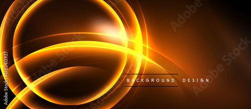 Orange neon lines create abstract circular design. Dark background emphasizes glowing curves, modern aesthetic. Simple text reads background design.