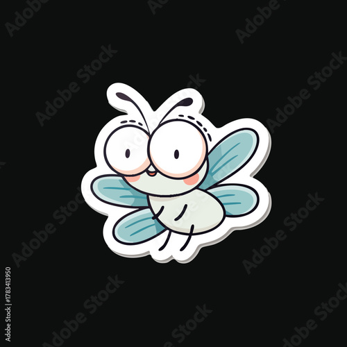 Cute Handdrawn Fly Insect Sticker with White Outline Isolated on Black Background