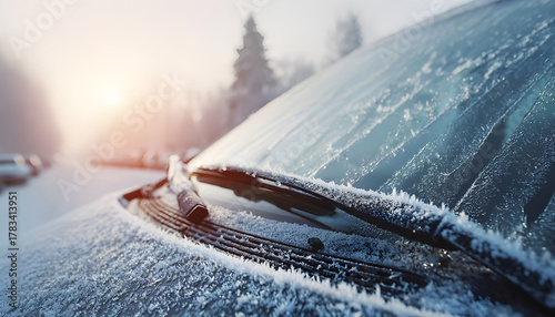 Frozen windshield with snow on a vehicle. Frosted wipers and washer nozzles. Ice-covered automobile surfaces