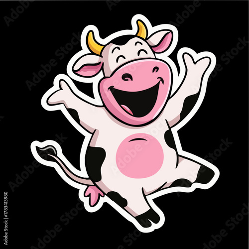 Cartoon Cheerful Cow Mascot Character Jumping with Happiness and Joy