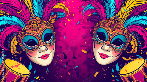 Venetian carnival mask with glamorous makeup and gold details on black and blue backgrounds
