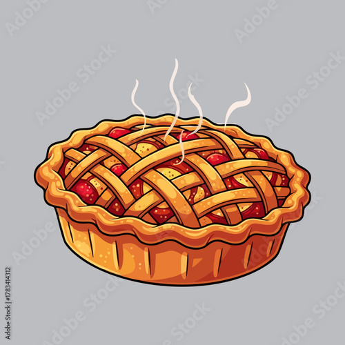 Cartoon illustration of a freshly baked apple pie with a lattice crust.