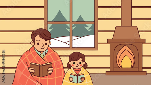 Father and daughter reading books by the fireplace on a snowy winter day, cozy and warm atmosphere