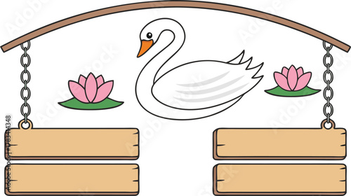 A charming illustration of a white swan swimming between two pink lotus flowers, framed by a wooden archway with hanging signs, isolated on transparent background