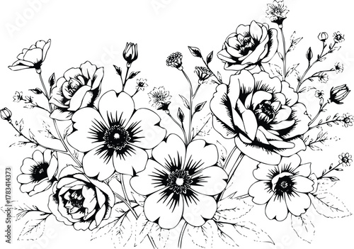A beautiful black and white sketch of a floral arrangement featuring roses and other wildflowers, isolated on transparent background