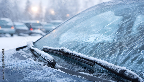 Wallpaper Mural Frozen windshield with snow on a vehicle. Frosted wipers and washer nozzles. Ice-covered automobile surfaces Torontodigital.ca