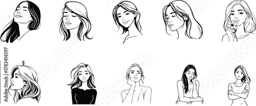 Collection of ten diverse hand drawn female portraits in a minimalist black and white sketch style, isolated on transparent background