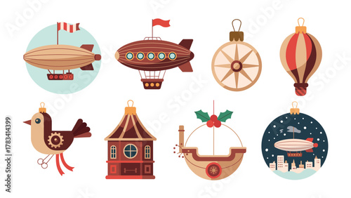 Festive Ornaments of Imagination: A collection of charming, hand-drawn ornaments, each depicting a unique, whimsical design, from dirigibles and airships to fanciful bird and architectural structure.