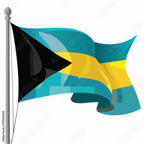 Vector illustration of the bahamian flag waving on a metallic pole