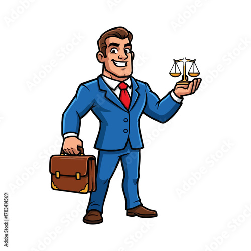 Cartoon lawyer in blue suit holding scales of justice and briefcase.