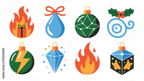 Ornamental Symbols: a collection of vibrant, colorful, and unique Christmas ornaments, each symbolising an element, perfectly capturing the spirit of winter holiday season.