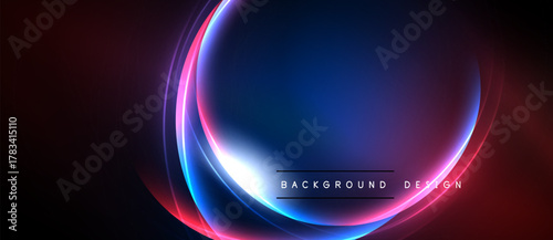 Abstract design features vibrant glowing lines forming oval shape. Dark background enhances luminosity, creating modern aesthetic.