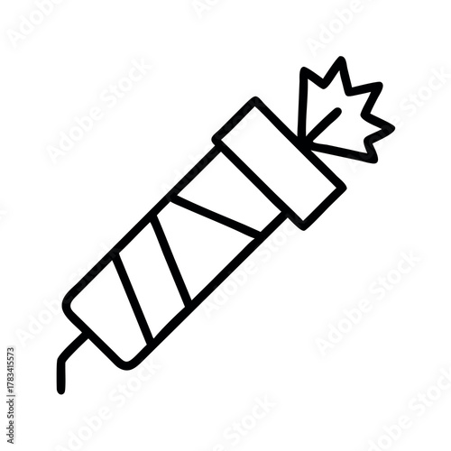 Simple outline drawing of a lit firecracker ready to explode with a sparking fuse