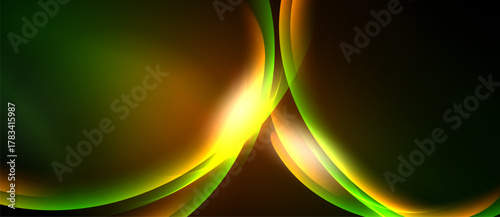 Abstract design features flowing curves, vibrant green, gold hues. Smooth gradients create dynamic visual impact. Dark background emphasizes luminosity.