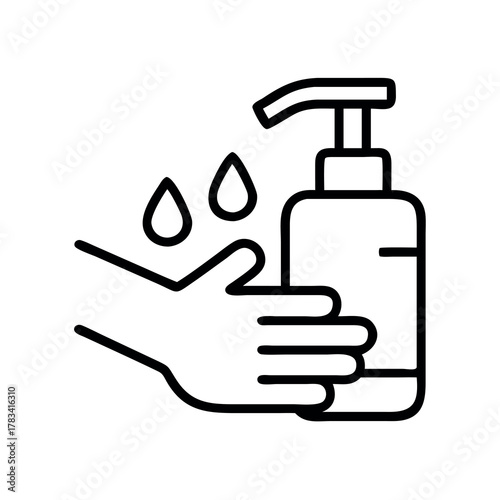 Line art illustration of hand sanitizer dispenser with drops falling onto an open hand