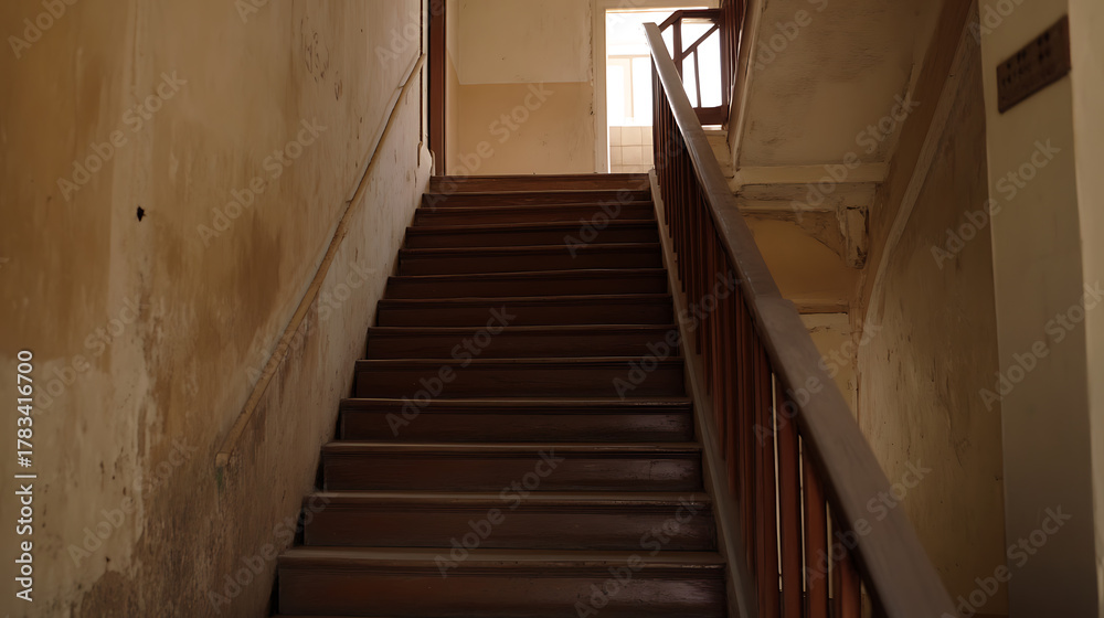 Obraz premium A classic wooden staircase with a worn wooden railing, leading up. The walls show signs of age and wear, adding to the building's history and character.