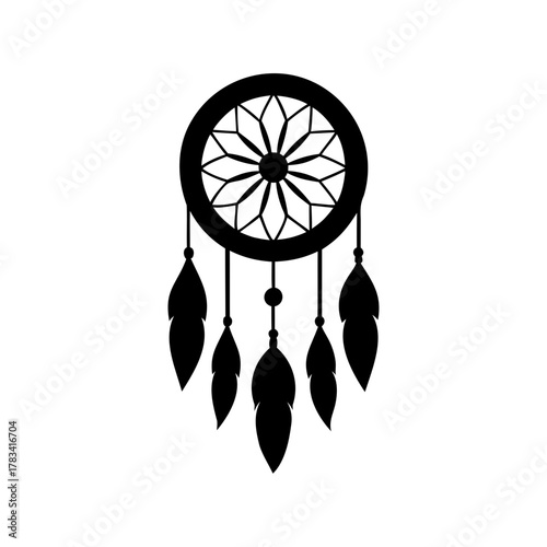 A stylized black and white illustration of a dreamcatcher with feather details