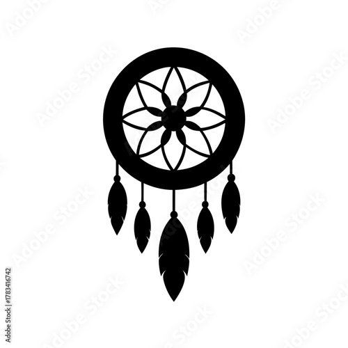 Black and White Dreamcatcher with Feathers Vector Illustration Graphic Design