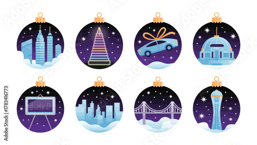 Festive City Spheres: A collection of elegantly crafted Christmas ornaments each showcasing unique cityscape elements, evoking a sense of festive cheer and the spirit of the season.