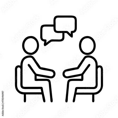 Two figures in chairs engaged in conversation with speech bubbles above them