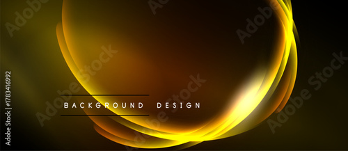 Abstract golden waves over dark background. Smooth curves create dynamic visual effect. Text reads background design.