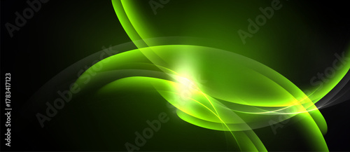 Abstract green waves, luminous center. Smooth gradients, flowing shapes create dynamic visual effect. Dark background enhances brightness.