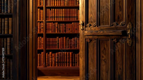 Open wooden door revealing vintage library with shelves of old books under warm light, classic interior with antique knowledge atmosphere