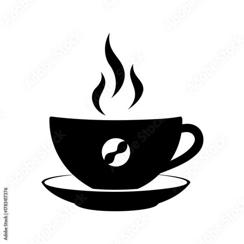 Elegant black and white coffee cup illustration with steam and saucer