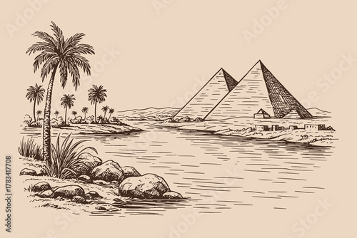 Hand-drawn landscape of the Nile River with pyramids and palm trees in engraving style, perfect for travel posters, cultural prints, or historical designs
