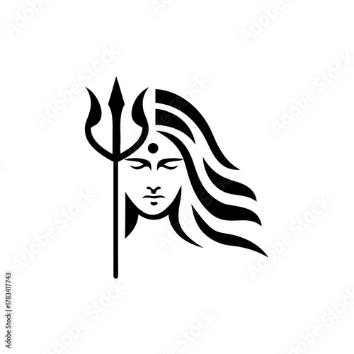 Illustration of a deity with trident and flowing hair on transparent background