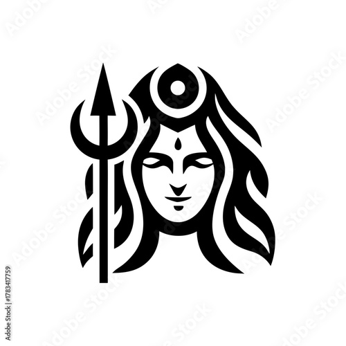 Illustration of shiva with trishul in black and white on transparent background