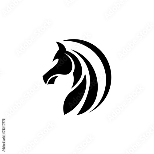 Stylized black horse head with flowing mane design on transparent background