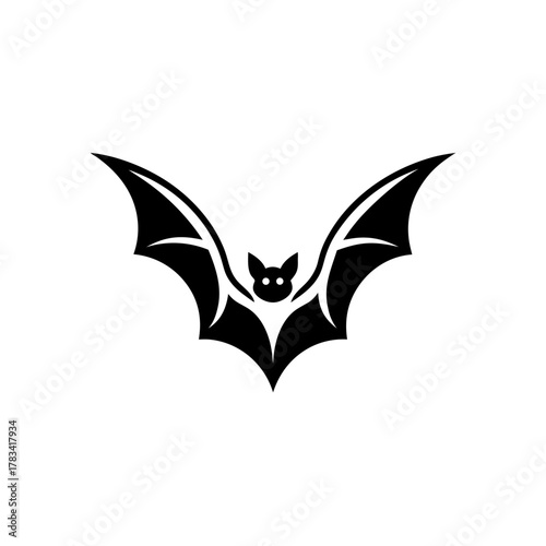 Stylized black silhouette of a bat with open wings on transparent background