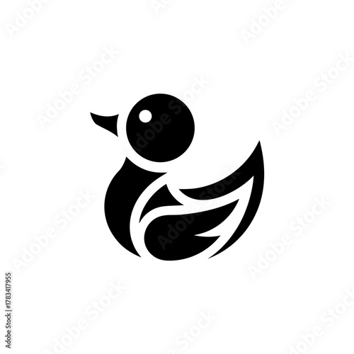 Stylized black silhouette of a duck with white eye on transparent background