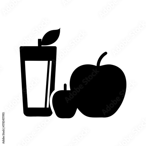 Simple black and white depiction of apple juice and fresh apples