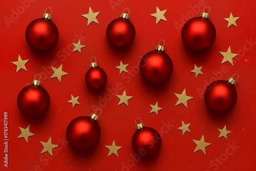Elegant flat lay of red Christmas balls and golden stars on red background, festive composition in classic holiday colors