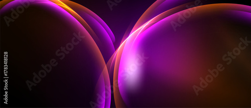 Abstract shapes, vibrant colors, smooth gradients create dynamic composition. Purple, orange hues dominate dark background. Elegant design.