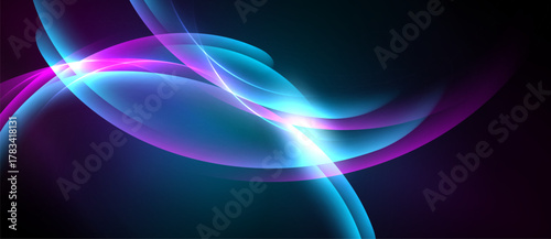Abstract flowing lines, vibrant blues, purples, bright light create dynamic energy. Smooth curves suggest movement, depth.