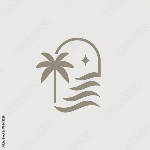 up stair stairway niche door window sea water wave palm hotel resort logo vector icon illustration